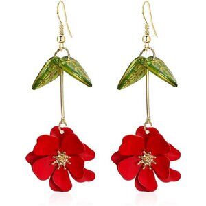 Boho Flower Dangle Earrings - Green Leaf Statement - Fairy Summer Holiday Jewelr